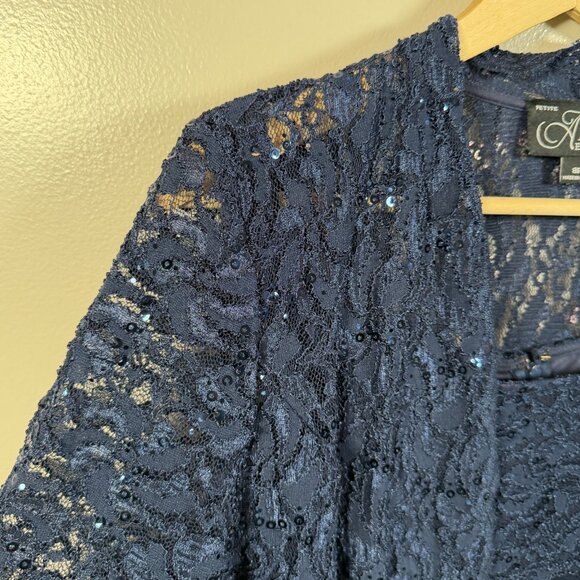 Alex Evenings Dress Jacket Size 8 Petite Navy Blue Sequin Lace Formal Wedding - Picture 4 of 11